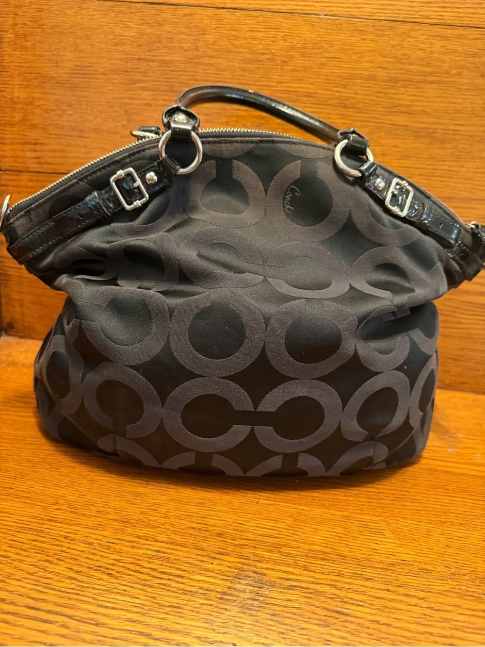 Coach Madison Black Signature Satchel with Patent Handles